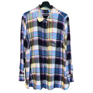 Talbots Plaid‎ Tunic Button Up Top Womens 2X Blue Pink Pastel Long Sleeve Shirt
